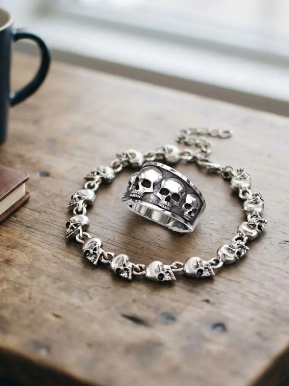 Mens skull chain bracelet ring set stainless steel gothic